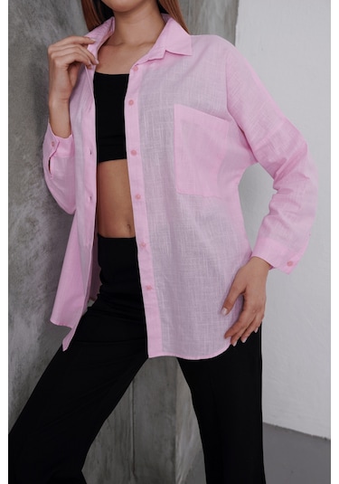 Paw Garage Kadın London Keten Tek Cepli Oversize Gömlek, Premium Kalite Keten Gömlek Pembe