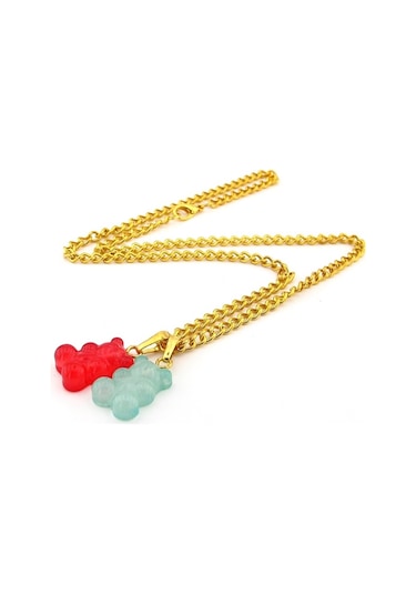 Jelibon Sim Ayicik Kirmizi Yeşil Pirinç Zincir Kadin Kolye Q0403 Altın