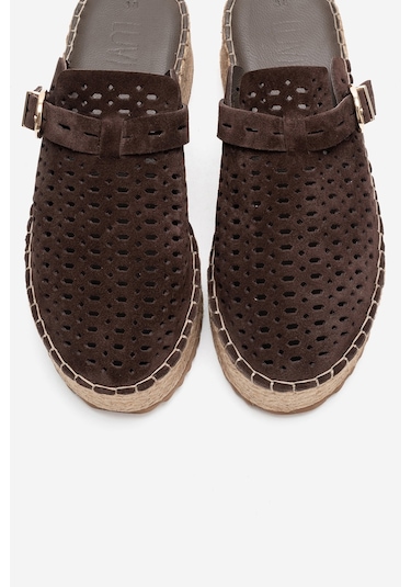 Luvishoes Louıs Kahverengi Süet Hakiki Deri Burnu Kapalı Hasır Dolgu Taban Terlik Kahverengi