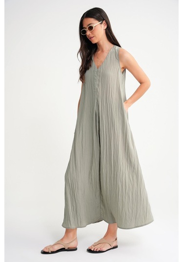 4700 Kadın V Yaka Önü Pileli Elbise Çağla Çağla Yeşili