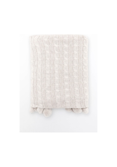 Biocotton Triko Ponponlu Örgü Tv Battaniyesi - Krem