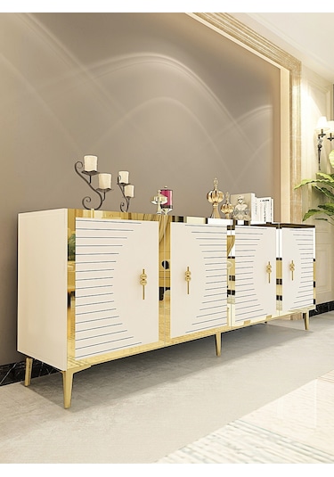 Ka1801bg Tuna Konsol, Tv Sehpası Beyaz-gold 180cm Beyaz