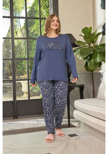 Aydoğan Kadın İnci Büyük Beden Love Ortanca Mor Pijama Takım 0656 Mor