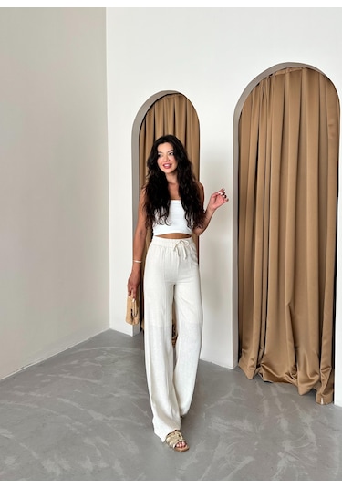 Ekru %100 Keten Palazzo Pantolon Ekru