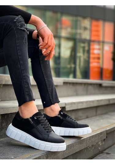 Kb-x155 Kuback Siyah Cilt Siyah Süet Detaylı Beyaz Yüksek Taban Günlük Spor Ayakkabı Siyah2 Siyah