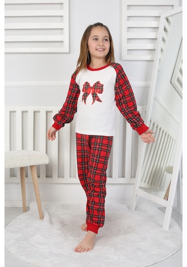 Kız Çocuk Pijama Takımı Papyon Beyaz