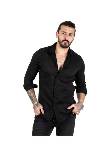 Deepsea Erkek Siyah Slim Fit Dar Kesim Dokulu Spor Gömlek Likralı Pamuklu Esnek Kumaş Gömlek 2001810 Siyah