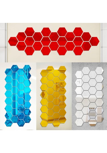 Xiyyadms Kırmızı Akrilik Yansıtıcı Duvar Sticker, 4.6x4.6 Cm Altıgen Kare, Oturma Odası-koridor Dekorasyon, 12 Adet Set
