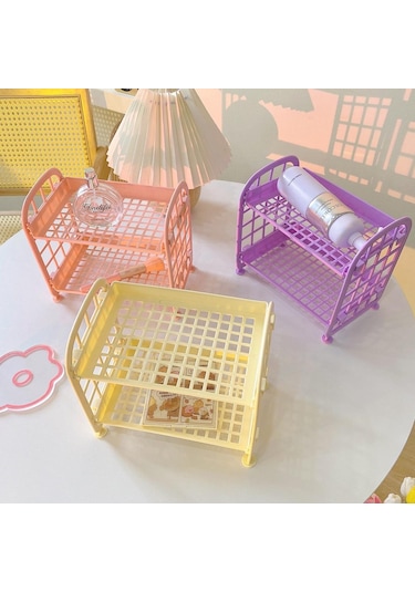 Mor Kawaii Çift Katmanlı Depolama Rafı Masaüstü Katlanır Makyaj Kutusu Raf Raf Kozmetik Depolama Bitirme Yurdu Banyo Mor