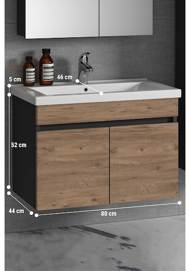 Çiğdem 80 Cm Antrasit Gri Mat-Atlantik Çam Mdf Banyo Alt Dolabı Antrasit - Atlantik Çam