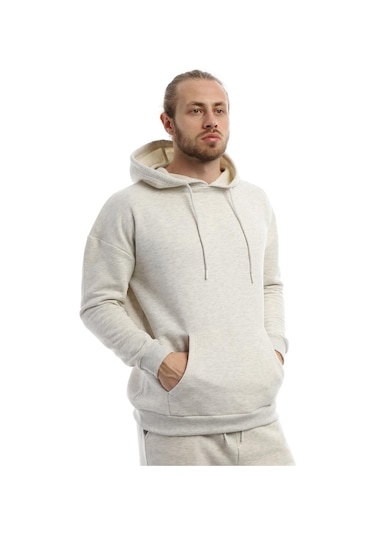 Erkek Kapüşonlu Kanguru Cepli Sweatshirt Kar Melanj