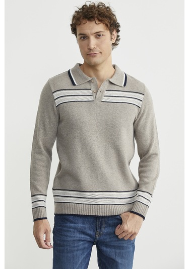 Polo Yaka Kilim Motifli Triko Kazak - Vizon Vizon