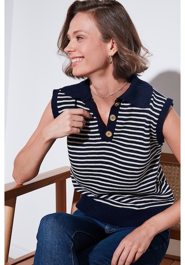 Lela Çizgili V Yaka Triko Bayan Süveter 4616171 Lacivert-Krem
