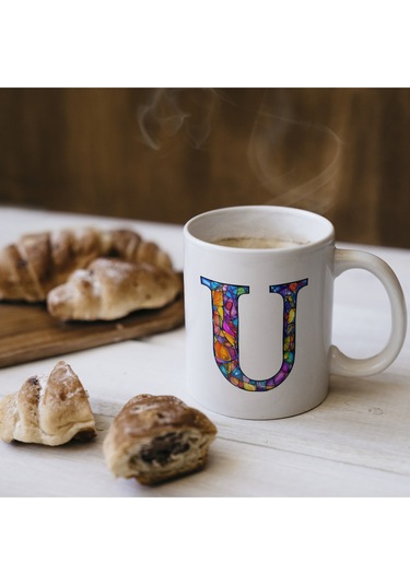 U Harfi Bardak 330 Ml İsme/harfe Özel Hediye, Renkli Harf Tasarım Beyaz
