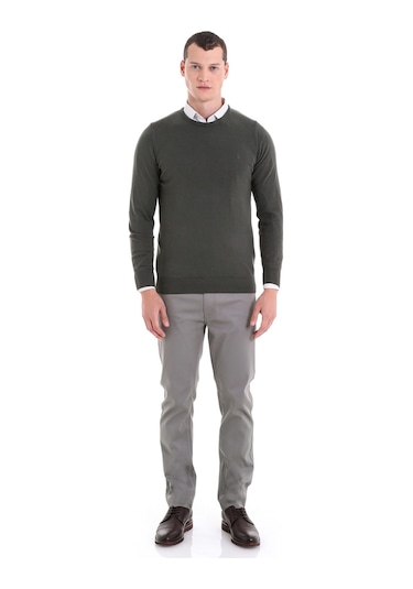 Hatemoğlu Erkek Regular Fit Düz Bisiklet Yaka Pamuklu Triko Kazak Haki