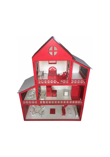 Ahşap Oyun Evi 60Cm 14 Eşya Kırmızı