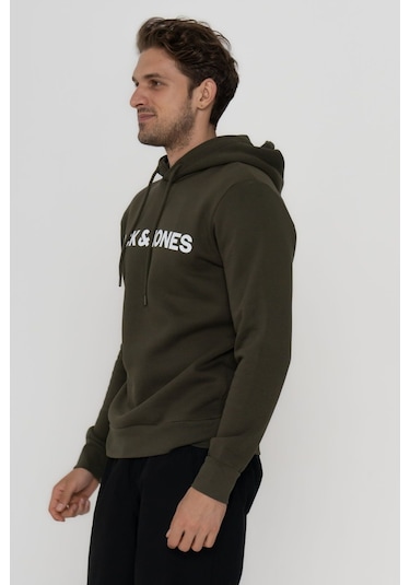 Jack & Jones Erkek Logo Baskili Kapüsonlu Sweatshirt - Deldrick 12193083 Forest Night Siyah