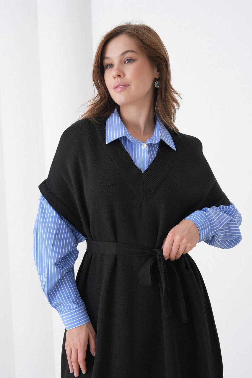 Kadın Uzun Kol Gömlek Yaka İçi Gömlekli Triko Kuşaklı Triko Spor Şık Elbise Siyah