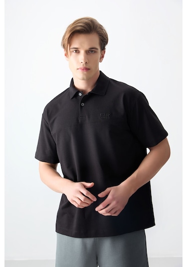 Tommy Life Siyah Pamuklu Kalın Yumuşak Dokulu Polo Yaka Oversize Fit Basic Erkek T- Shirt - 88382 Siyah