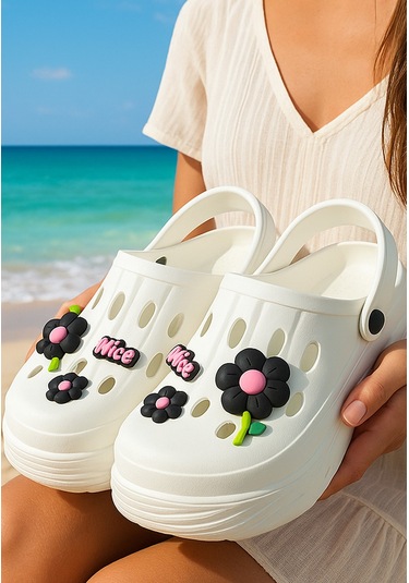 Modafrato Nays Dolgu Taban Kadın Terlik Yüksek Platform Plaj Deniz Havuz Terliği Beyaz
