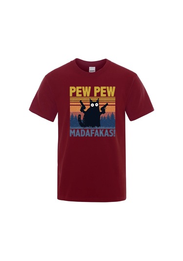 Teekossc Pew Pew Madafakas Erkek Kısa Kollu Komik Kedi T-shirt Vintage Yazlık Ekip Üstü Streetwear Chınakoyu Gri Koyu Gri
