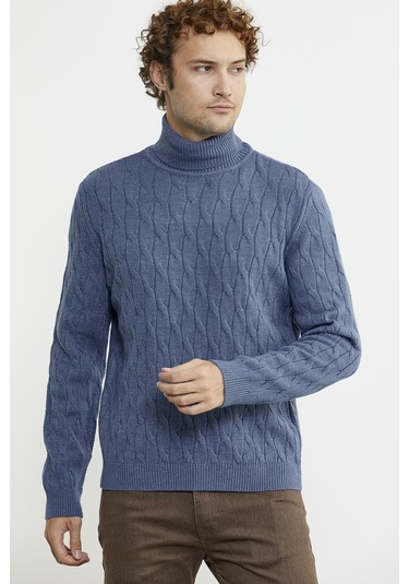 Tam Balıkçı Saç Örgü Triko Kazak - Indigo 001