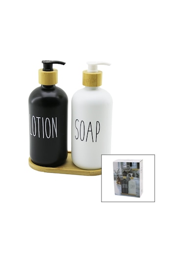 2li Set Cam Sıvı Sabunluk - Losyonluk Boyalı Cam Siyah-beyaz Ahşap Bambu Altlık Siyah