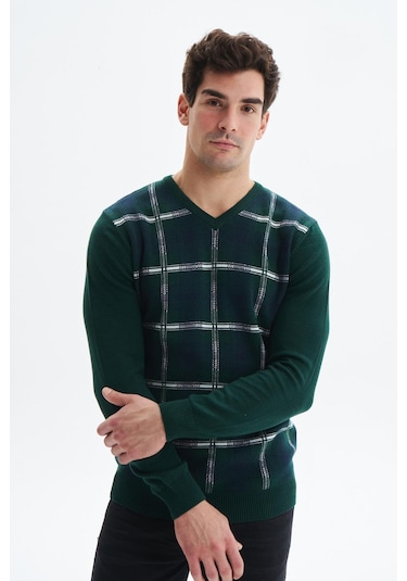 Arma Erkek Slim Fit Likralı Akrilik Kumaş V Yaka Kareli Kazak K0kro0860 Yeşil