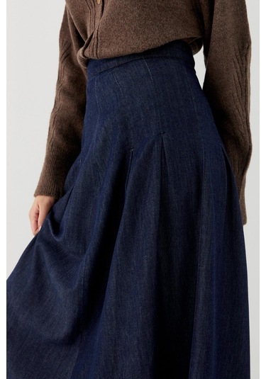 Yüksek Bel Pileli Midi Etek Lacivert Lacivert