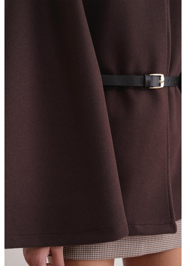 4768 Kadın Kemerli Panço Premium Kaşe Ceket Kahve Kahve