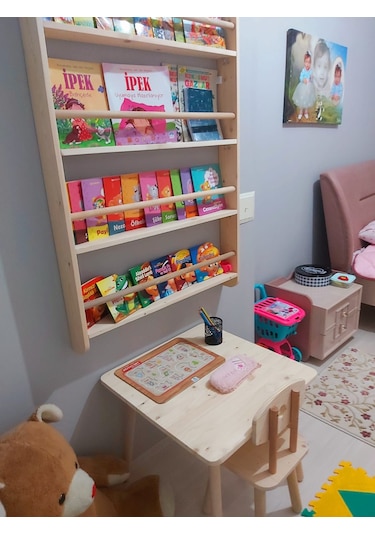 Mrtahsap 3'Lü Takım-Montessori Kitaplık-Masa-Sandalye (Masif Ahşaptan)