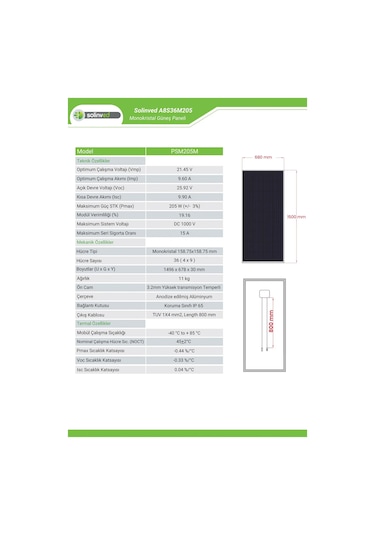 Solinved 205w Monokristal Solar Panel - Sol-205