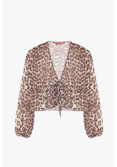 Quzu Leopar Desenli Bağcıklı Fırfırlı Tül Bej Kadın Bluz Blz00834 Bej