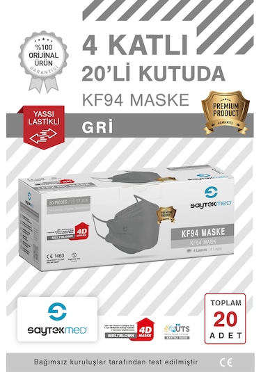 Kf94 Kore Tipi, 4 Katlı, Gri Maske, Uv Steril 1 Kutu/ 20 Adet