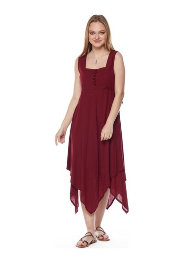 Şile Bezi Bordo Asimetrik Düğmeli Elbise Bordo