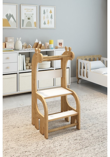 Zürafa Montessori Ahşap Öğrenme Kulesi Safir Meşe - Beyaz