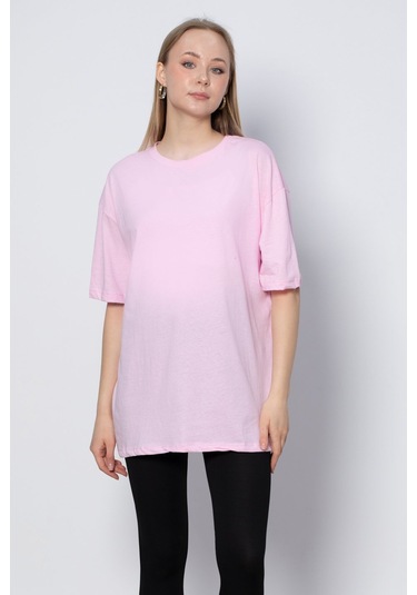 Bisiklet Yaka Oversize T-Shirt - Pembe-Pembe