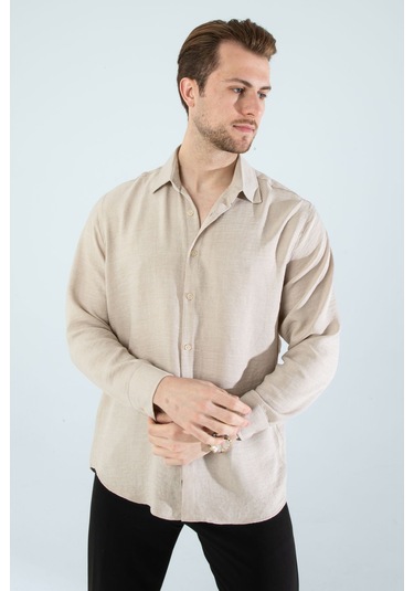 Rahat Kesim Keten Dokulu Gömlek Bej