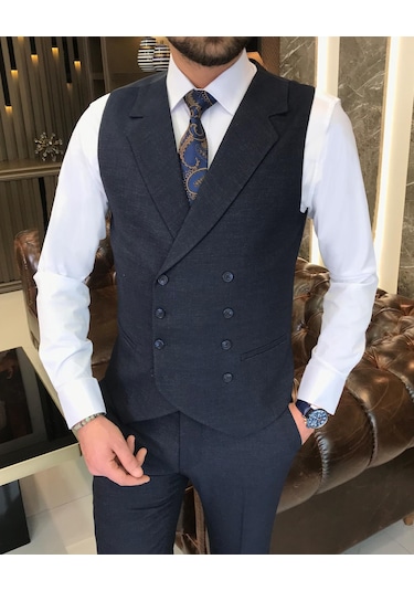 İtalyan stil slim fit erkek ceket yelek pantolon takım elbise lacivert T9118-Lacivert