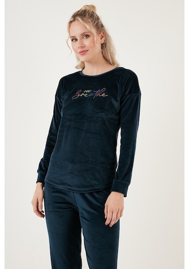 Lela Regular Fit Yumuşak Dokulu Kadife Bayan Pijama Takımı 6094200W4 Lacivert