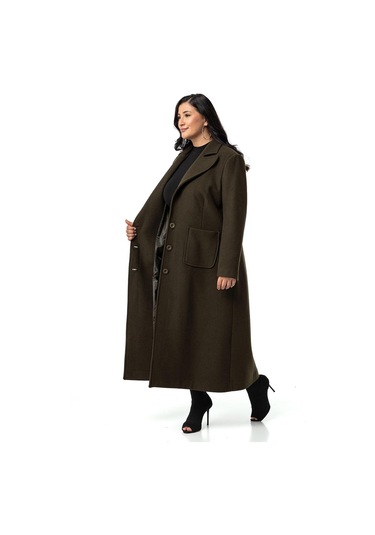 Büyük Beden Ceket Yaka Torba Cepli Astarlı Uzun Haki Kaşe Kaban-haki Haki