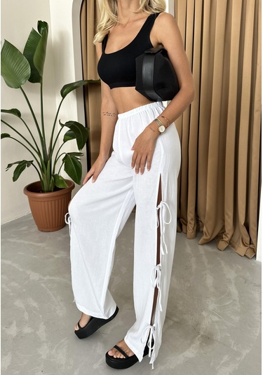 Beyaz %100 Pamuk Yan Yırtmaç Ve Bağlama Detaylı Pantolon Beyaz