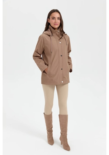 Desen Triko Kadın Kapüşonlu Yan Cepli Kısa Trençkot 24417 Vizon Vizon