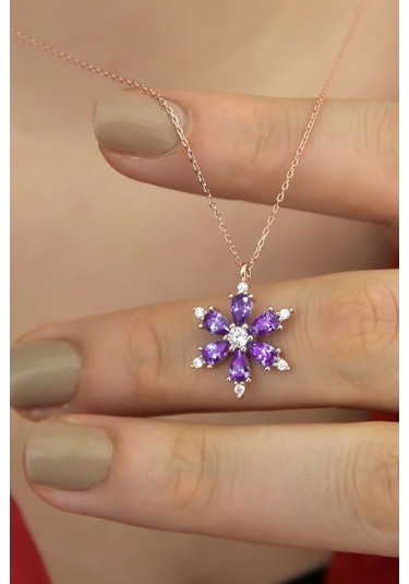 925 Ayar Gümüş Mor Taşlı Kamelya Çiçeği Kadın Kolye