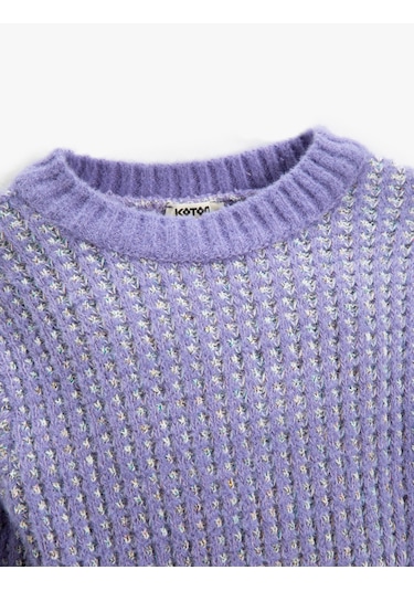 Koton Ribanalı Dokulu Örgü Kazak Yuvarlak Yaka Uzun Kollu Kolları Fırfır Detaylı Lila 3wkg90031ht Lila