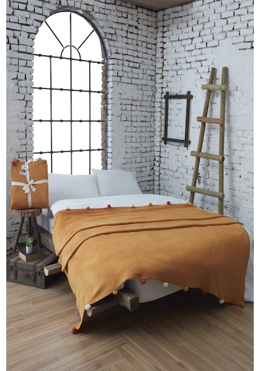 Dolce Bonita Home Çift Kişilik Ponponlu Pike Battaniye 200x220 Ha Hardal