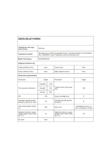 Siemens KD43NNWE0N 328 LT No-Frost Çift Kapılı Buzdolabı
