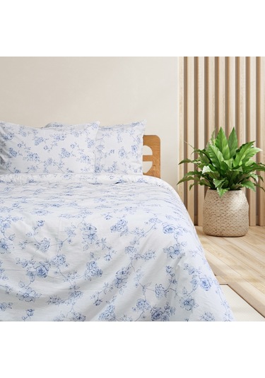 Çift Kişilik %100 Pamuk Mavi Çiçek Nevresim Takımı | Mavi & Beyaz | 4 Parça | Yumuşak Dokulu