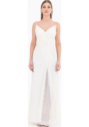 Kadın Dar Form Kolsuz Tam Boy Abiye Elbise - Ekru Ekru