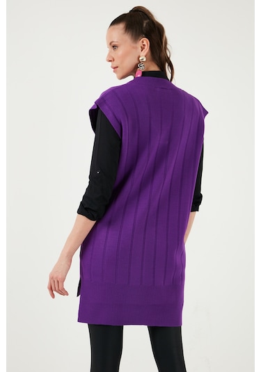 Lela V Yaka Arkası Uzun Triko Bayan Süveter 4616088Y Mor